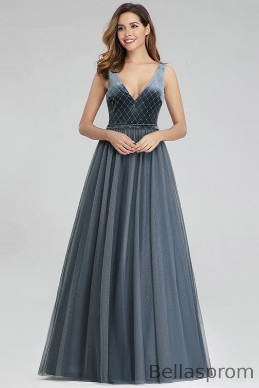 Bellasprom Dusty Blue Prom Dress Long Sleeveless Tulle Evening Gowns V-Neck Bellasprom