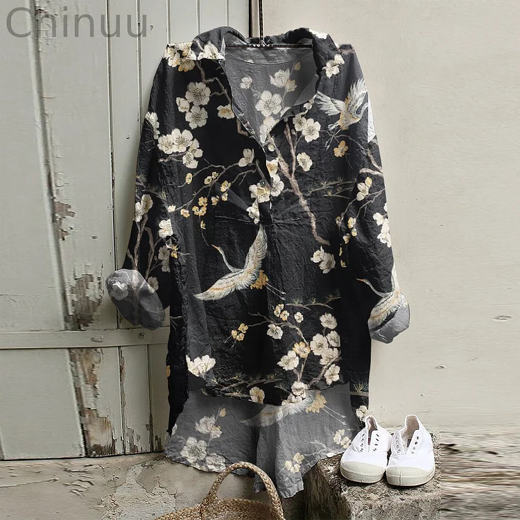 Vintage Japanese Art Print Long Sleeve Casual Shirt