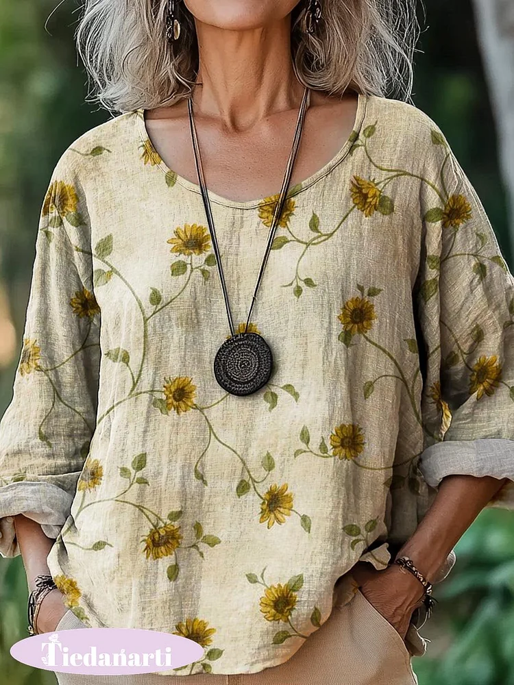 Women's Vintage Lovely Sunflowers Art Print Casual Cotton And Linen Shirt