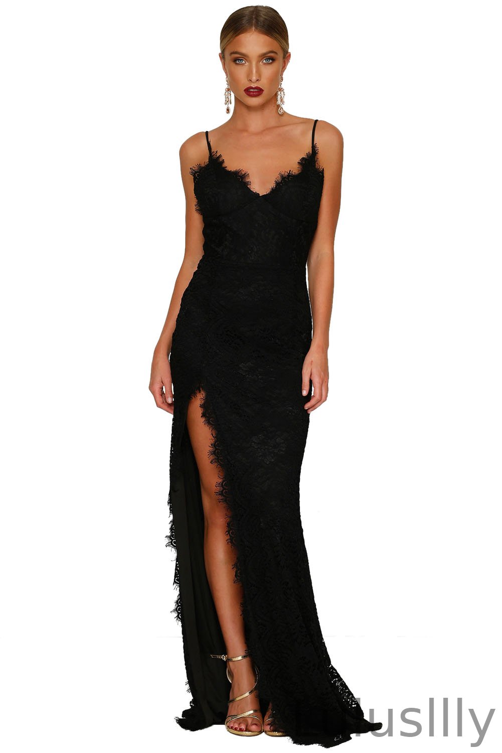 Elegant Lace Spaghetti-Straps Evening Dress With Slit - lulusllly