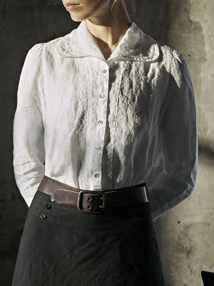 Vintage Embroidered Wide Collar Linen Blend Blouse