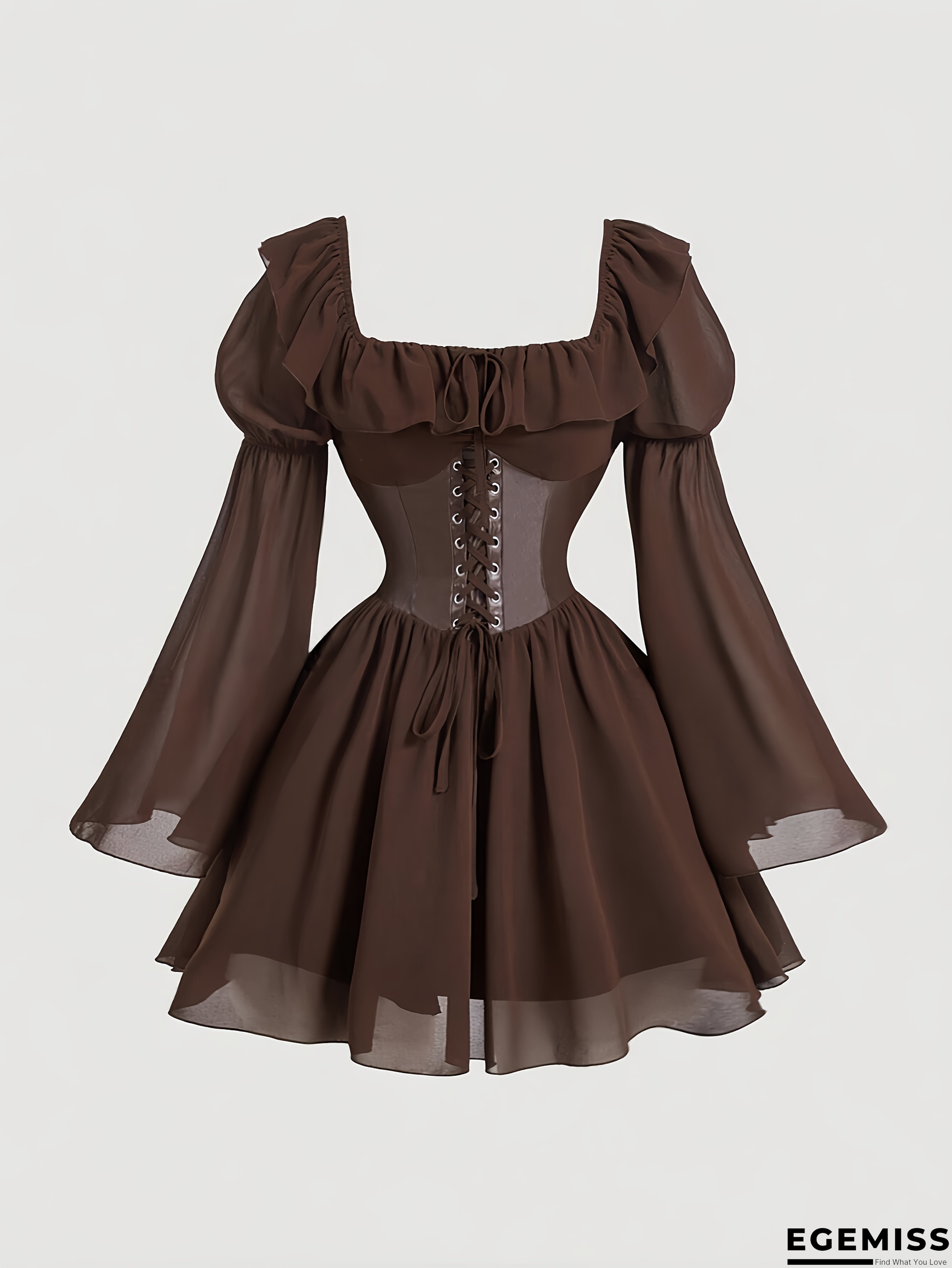 Plus Size, Plus Size Women's Elegant Vintage Ruffled Lace-Like Hem A-Line Dress With Square Neck & Belted Waist - Long Sleeve Mid-Length Brown Dress For All Seasons, Machine Washable, Special Occasions & Casual Attire | EGEMISS