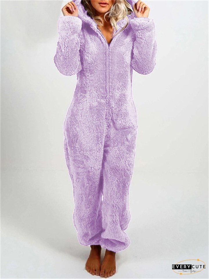 Women's Jumpsuit Solid Color Hooded Basic Home Loose Long Sleeve Rose Red 5XL Fall