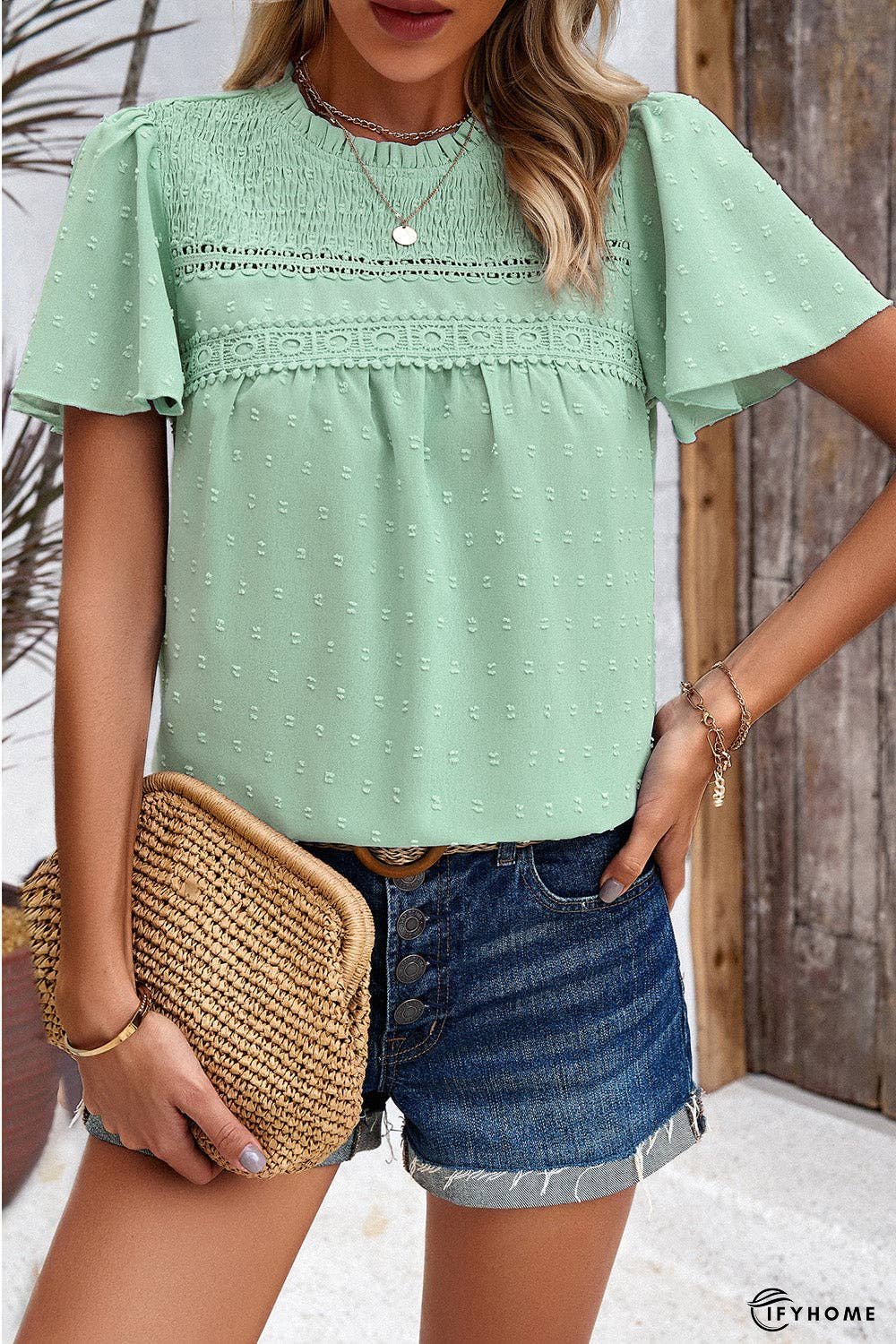 Swiss Dot Smocked Round Neck Short Sleeve Blouse | IFYHOME