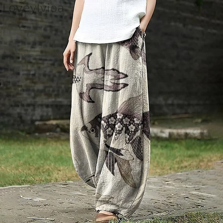 Women's Japanese Ukiyo-e Goldfish Retro Pocket Loose Casual Pants