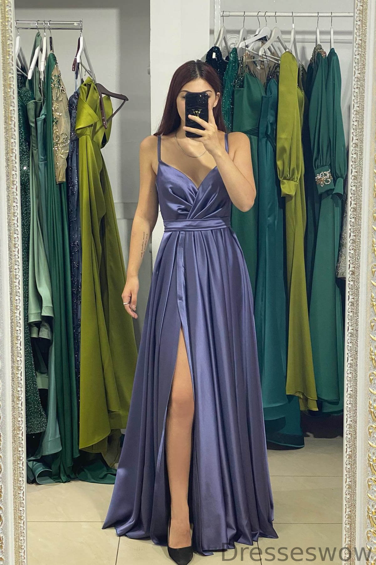 Dresseswow Dusty Blue Spaghetti-Straps V-Neck Sleeveless Mermaid Evening Dress With Split