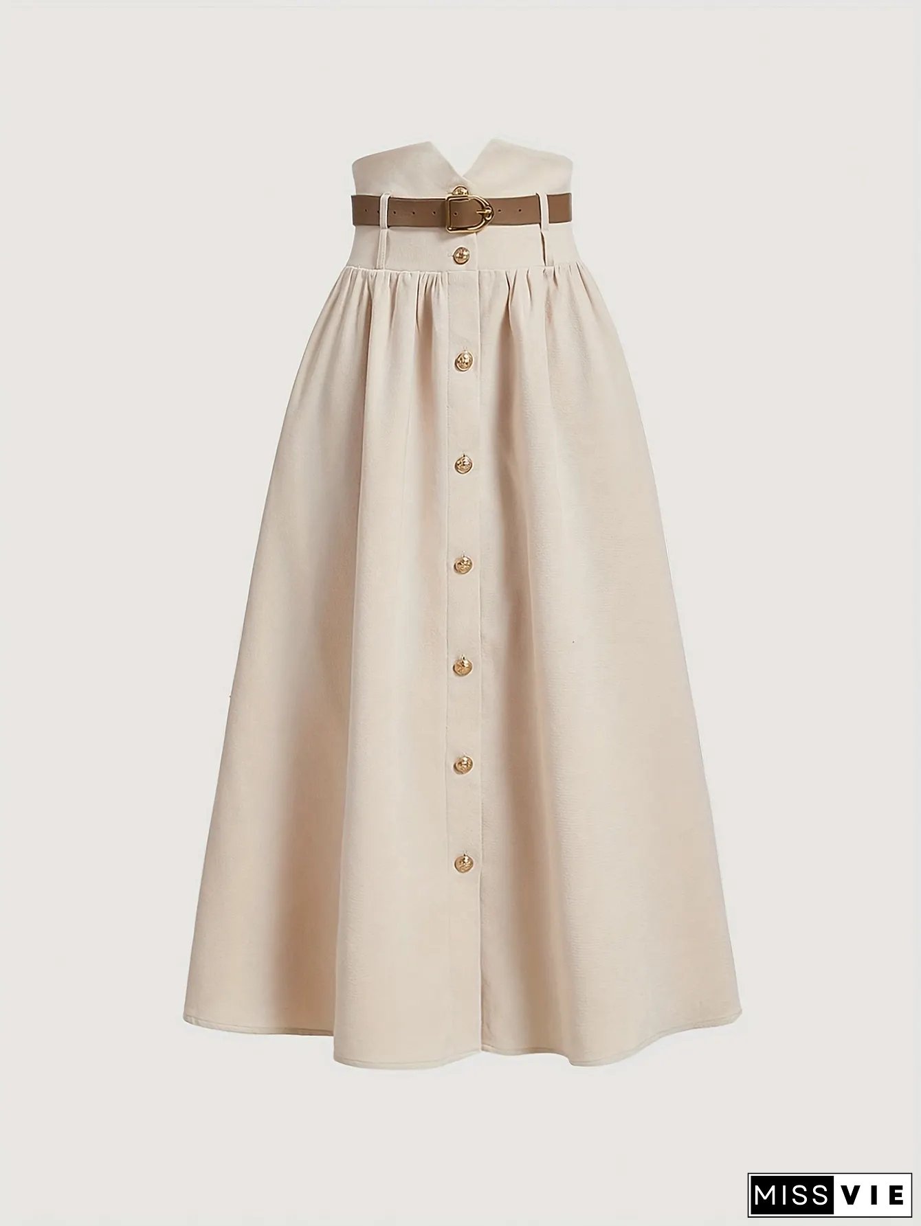 Elegant Womens Formal Skirt with Metallic-Like Buttons Belted Waist Flattering Fit