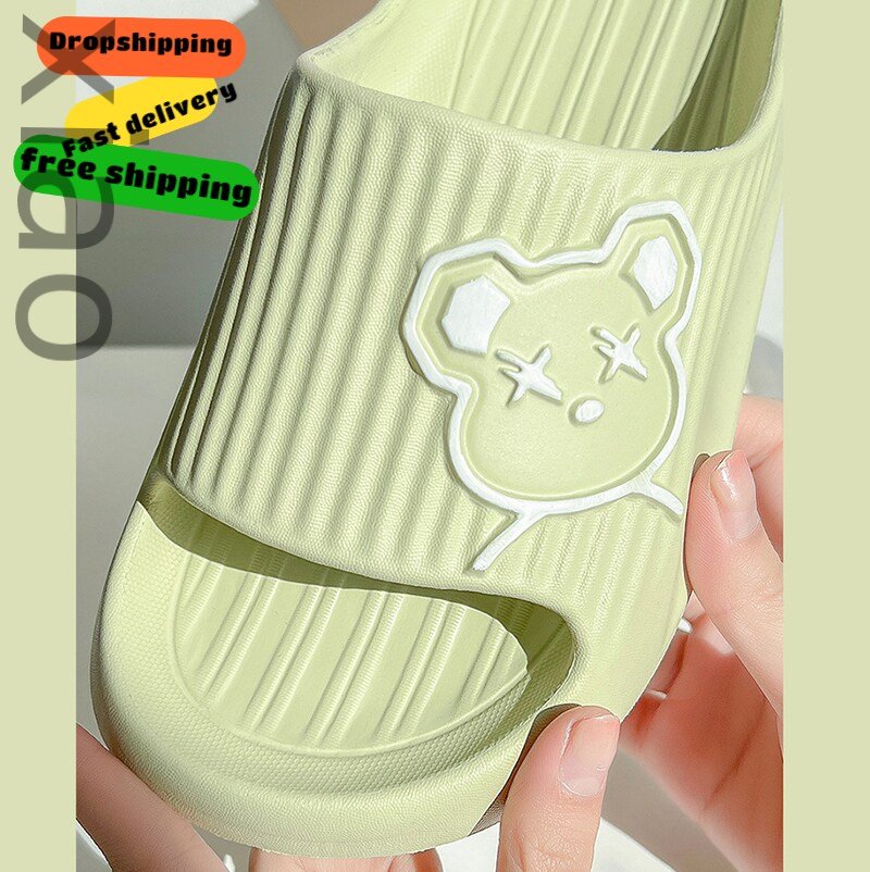 Shower Bath Slippers Women Men Thick Platform Flat Bear Cat Cartoon Slipper Flip Flops Summer Beach Sandals Lady House Slides