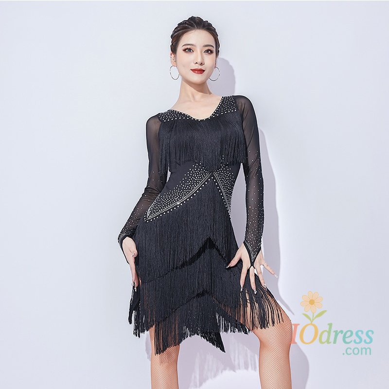 IO Dress Summer Fringe Latin Dance Dress Women Samba Rumba Dance Outfit Black Short Sleeve Dresses Adult Practice Dancewear Red VDL4076