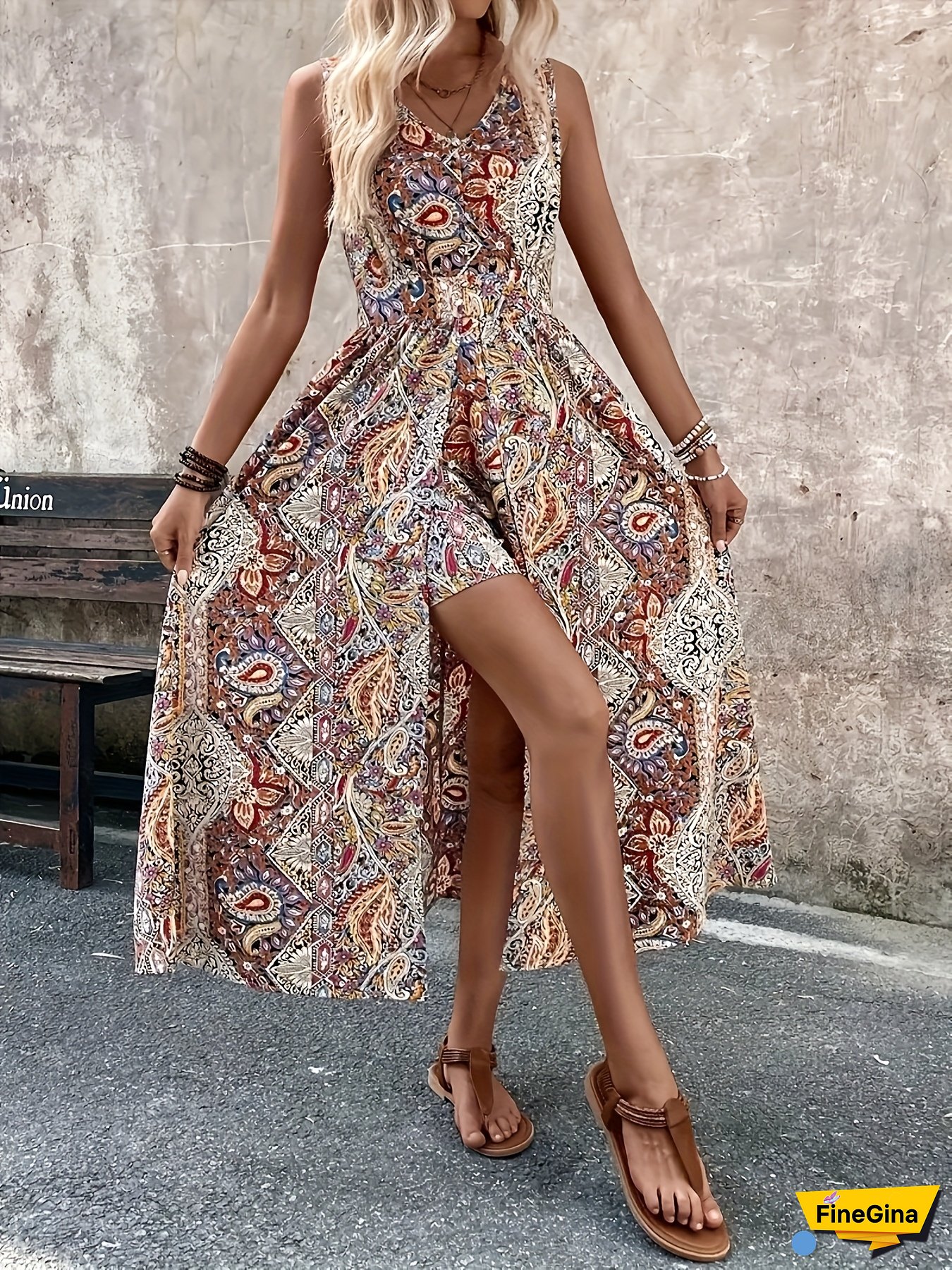 Women‘s Elegant V-Neck Paisley Print Sleeveless Jumpsuit - Boho Chic Polyester Overalls for Spring/Summer, Adult Casual Wear, Long Length, No Belt, Mature Style, Vacation Attire | Paisley Print Jumpsuit | Vibrant Print Jumpsuit