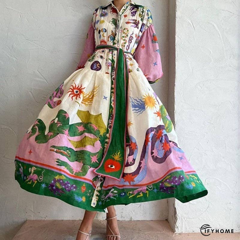 Lantern Sleeve Printed Cinched Waist Long Sleeve Dress | IFYHOME