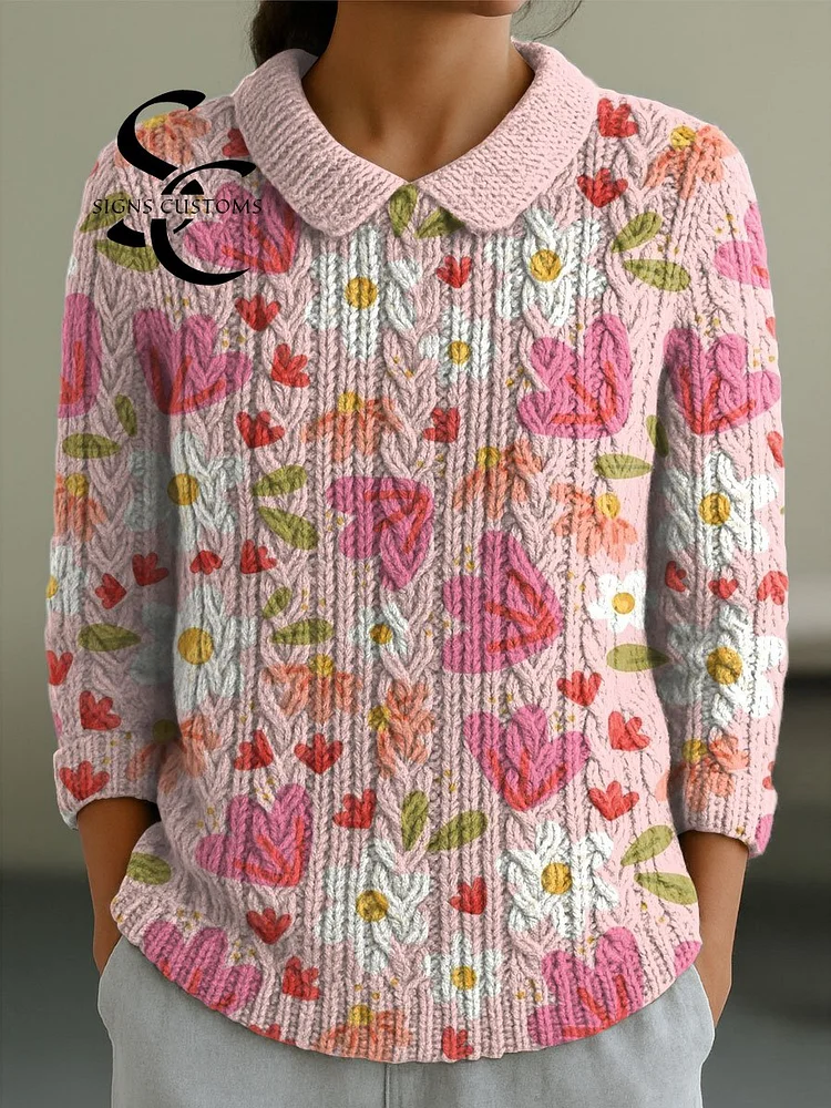 Women's Vintage Floral Pink Flowers Art Print Casual Peter Pan Collar 3/4 Sleeve Sweater