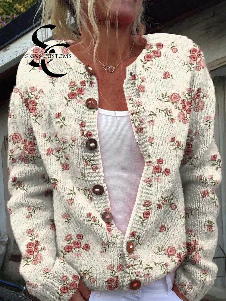 Women's Vintage Art Red Floral Print Buttoned Cardigan Sweater