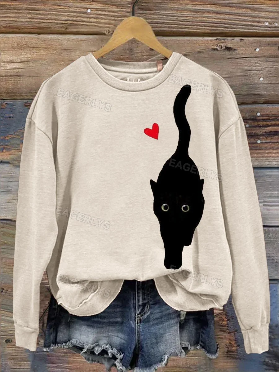 Eagerlys Black Cat Print Casual Long Sleeve Sweatshirt Eagerlys