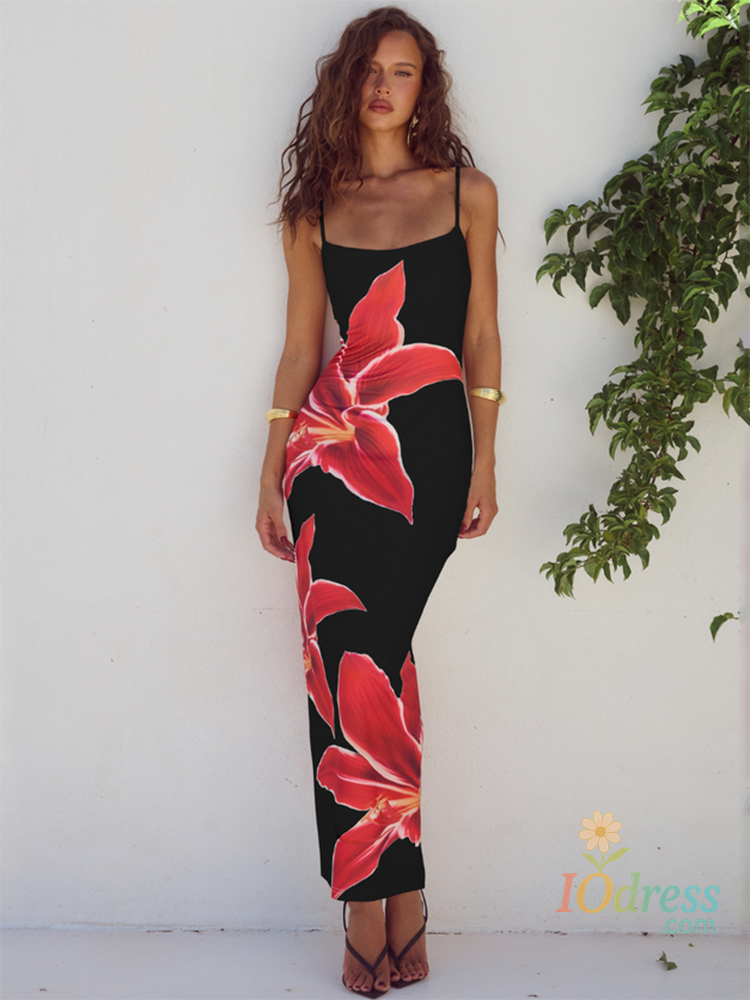 IO Dress Mozision Floreal Print Long Dress For Women Gown Summer New Spaghetti Strap Sleeveless Backless Bodycon Sexy Midi Dress Elegant IO Dress
