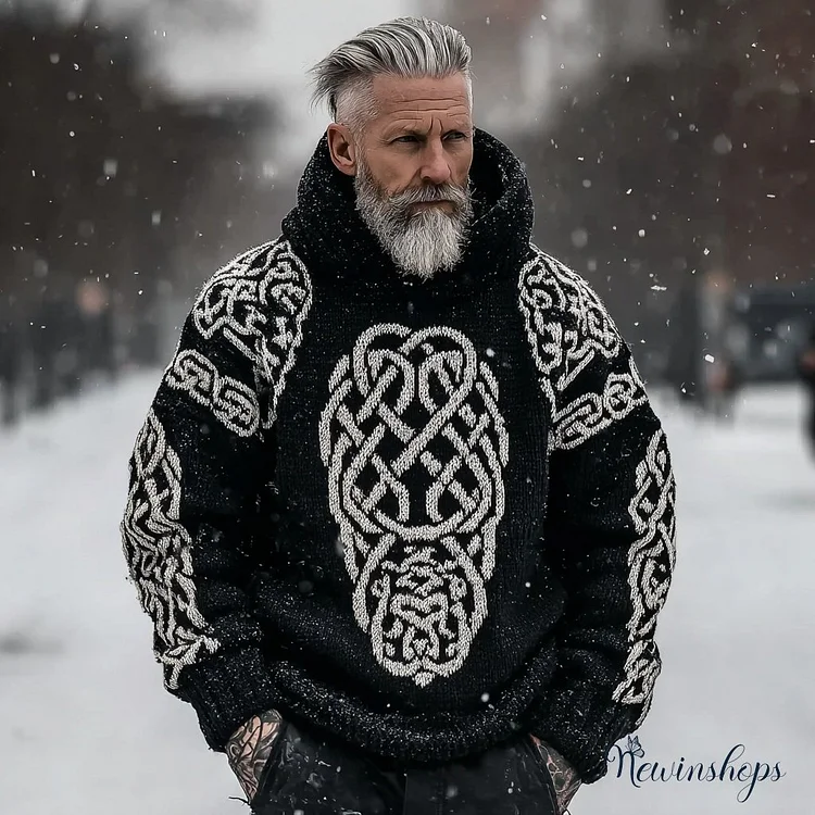 Men's Vintage Viking Celtic Knit Cozy Hooded Sweater