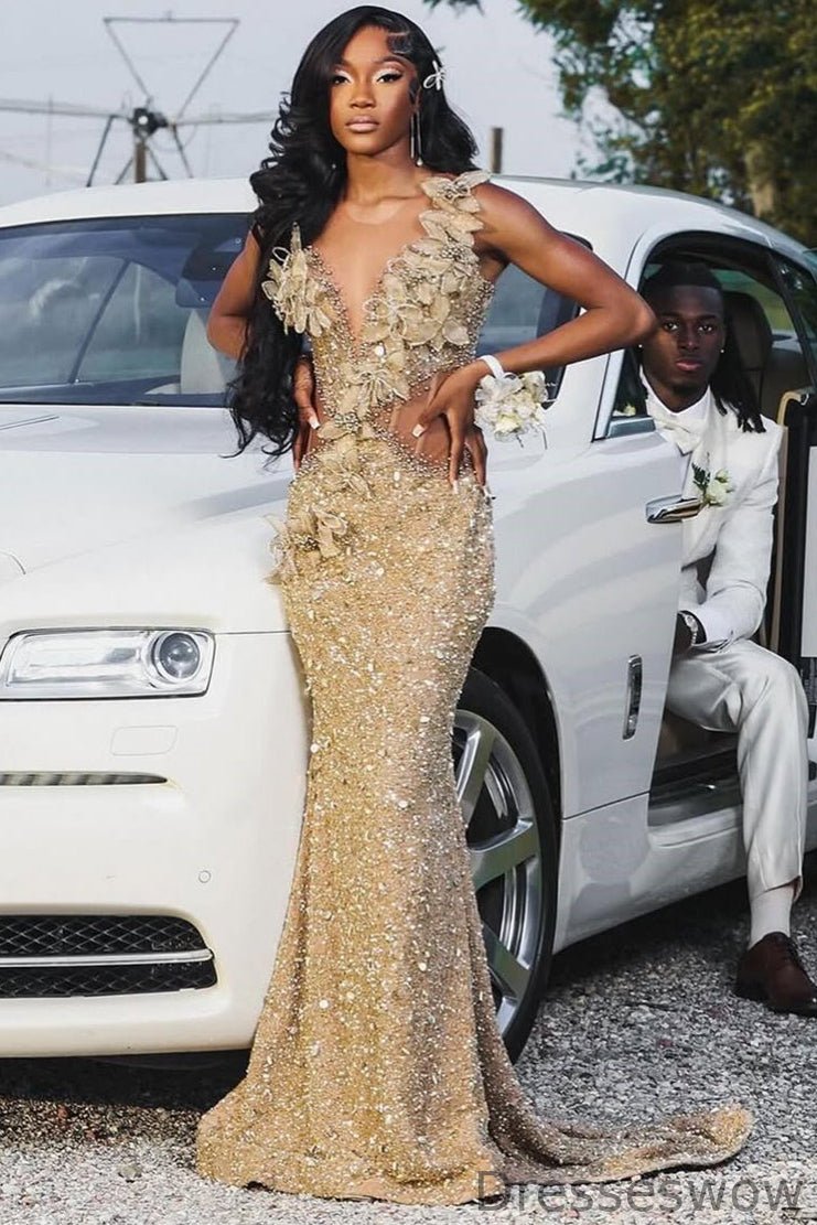 Dresseswow Scoop Champagne Prom Dress Mermaid Sequins Long With Beads