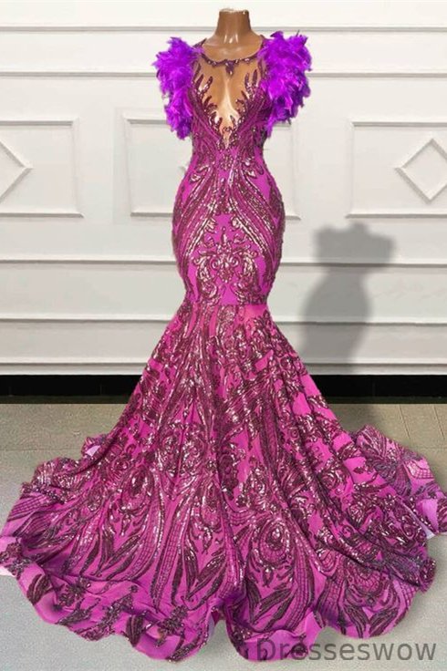 Dresseswow Purple Scoop Mermaid Evening Gown Sequins Long Backless With Feather