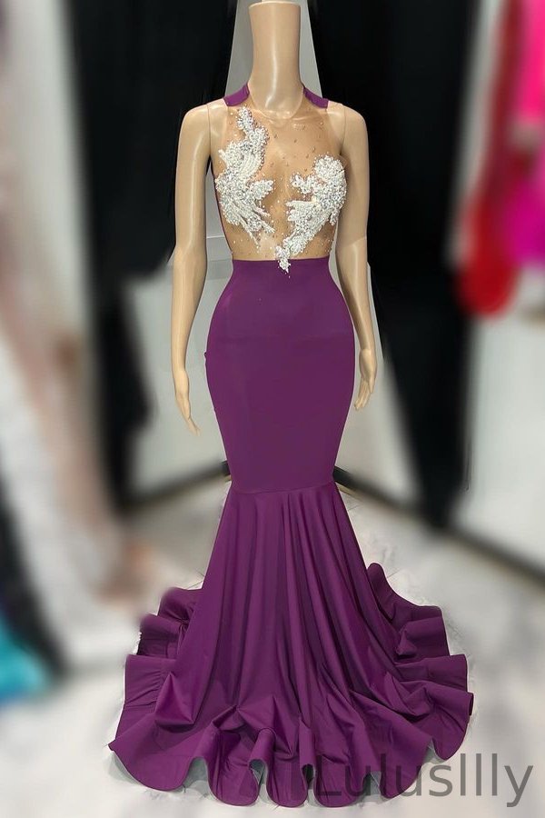 Gorgeous Grape Round Neck Sleeveless Mermaid Prom Dress With Beadings - lulusllly