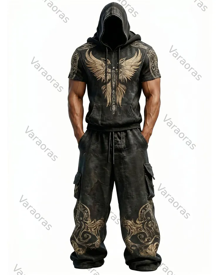 Men's Fashion Viking Contrast Color Embroidered Hoodie & Pants Two-Piece Set 8693