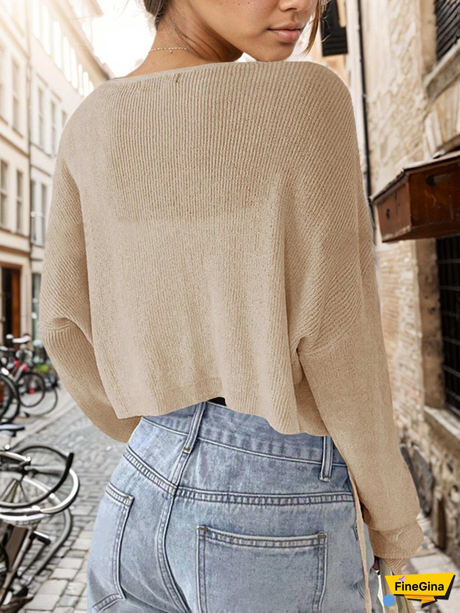Women's Tie Front Long Sleeve Rib Knit Shrug Sweaters Cardigan Crop Top Open Front Rib Knit Cropped Cardigan Sweater Fashion