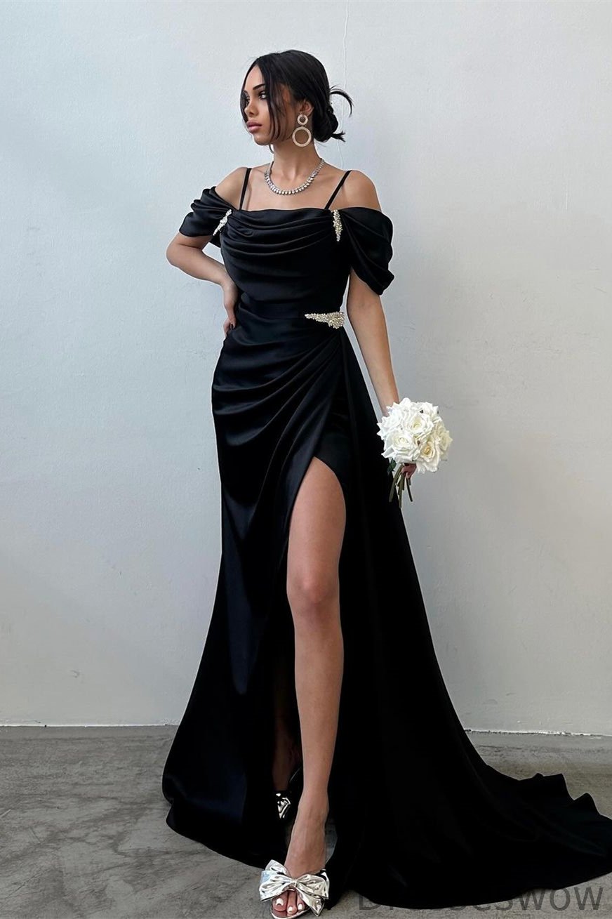Dresseswow Spaghetti-Straps Off-the-Shoulder Mermaid Ball Dress With Split Ruffles