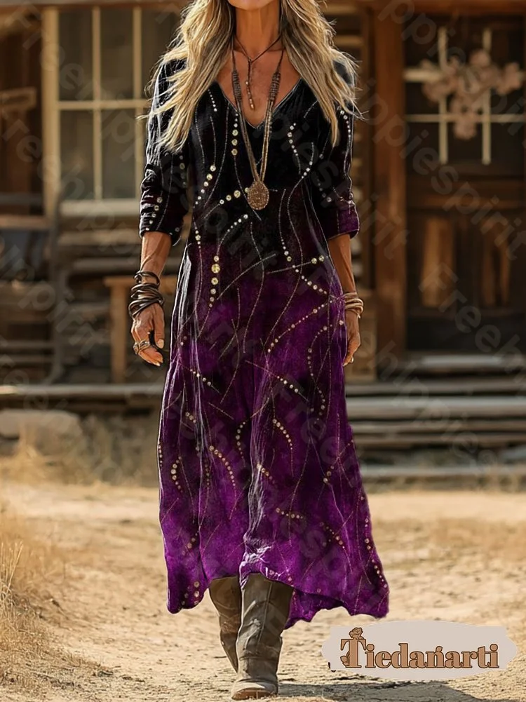 Women's Gradient Pattern Print Casual V-Neck Long Sleeve Cotton Pocket Dress