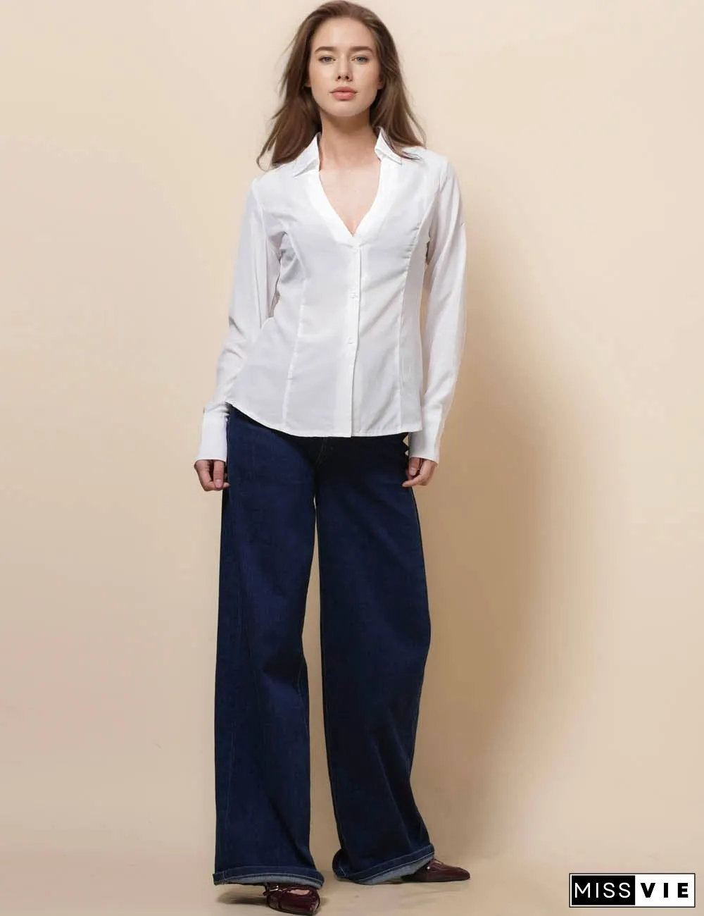 Ladies Long Sleeves Button Down White Shirt SKT51064