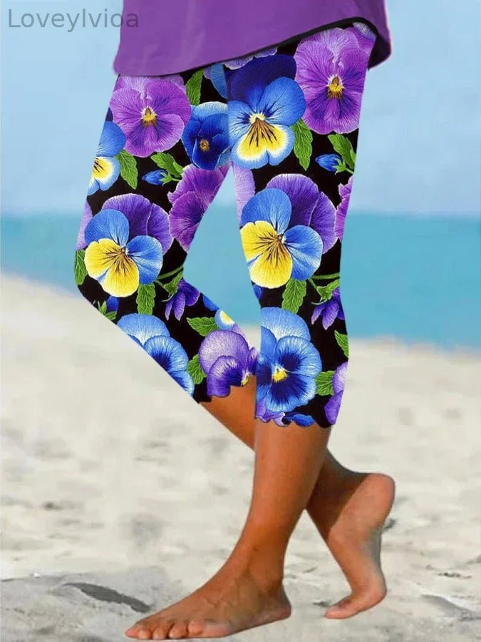 Women's Pansy Floral Pattern Print Leggings