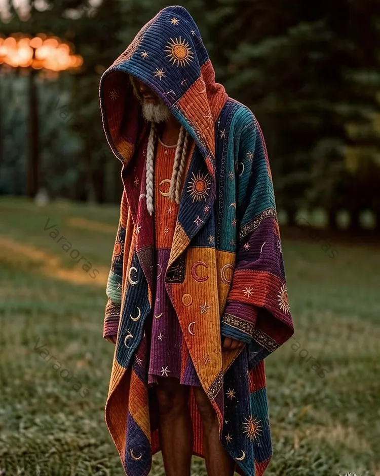 Men's Summer Fashion Hippie Style Star and Moon Embroidered Linen Cardigan Hooded Cape  7945