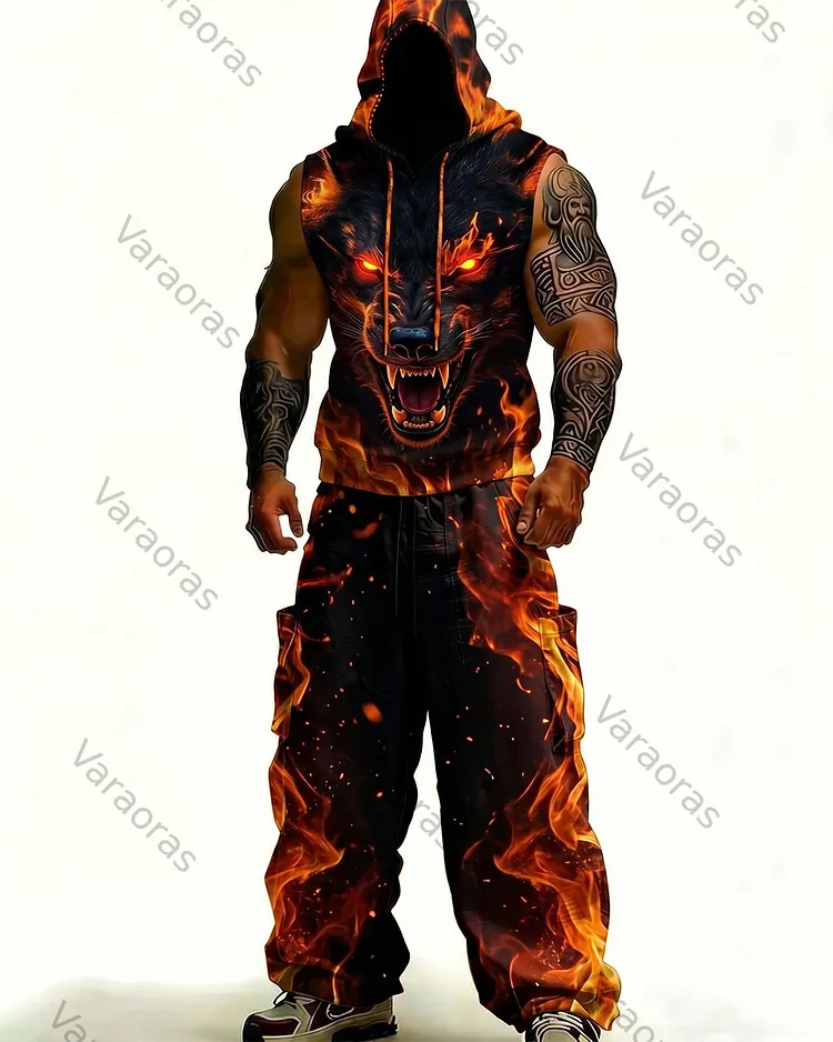 Men's Fashion Wolf Embroidery Hooded Sleeveless Top and Pants Two-Piece Set 3700