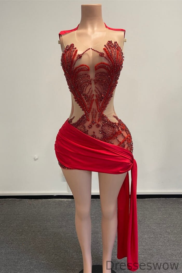 Dresseswow Red Scoop Sleeveless Short Homecoming Dress With Beadings