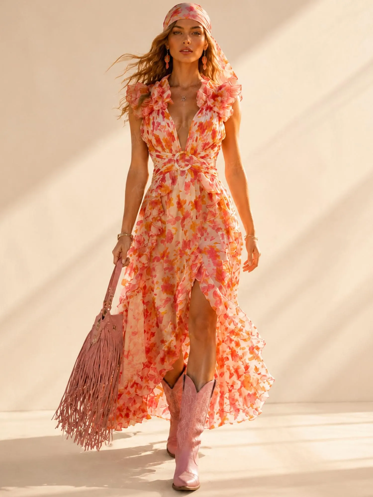 Best for Country Music Festivals &mdash; Peach Pink Floral Ruffle Slit Lightweight Chiffon Women's Maxi Dress