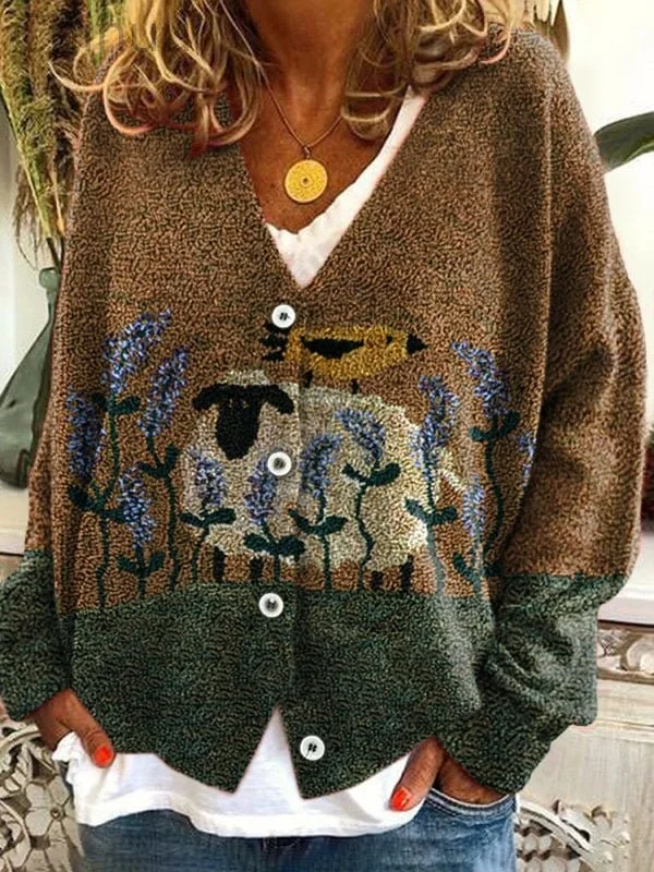 Women's Cute Plush Sheep Pattern Print Long Sleeve Cardigan