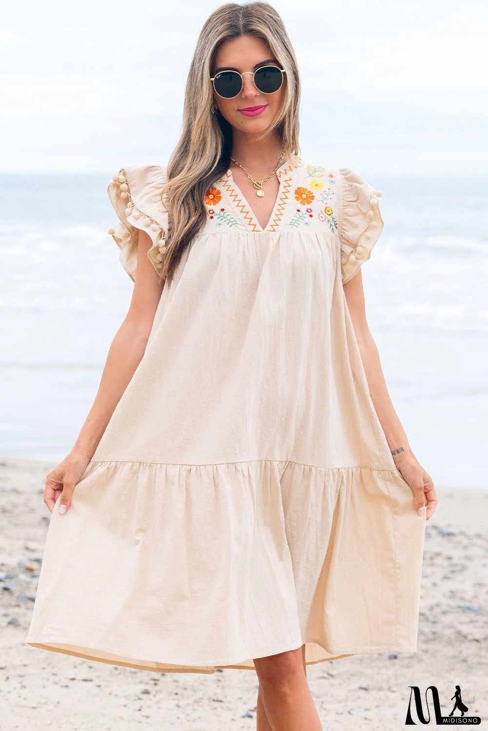 Floral Embroidered Ruffle Sleeve Spring Dress