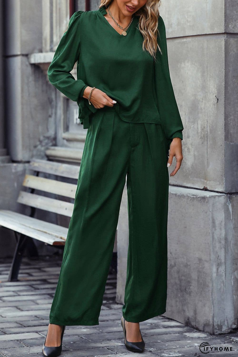 V-Neck Long Sleeve Top and Wide Leg Pants Set | IFYHOME