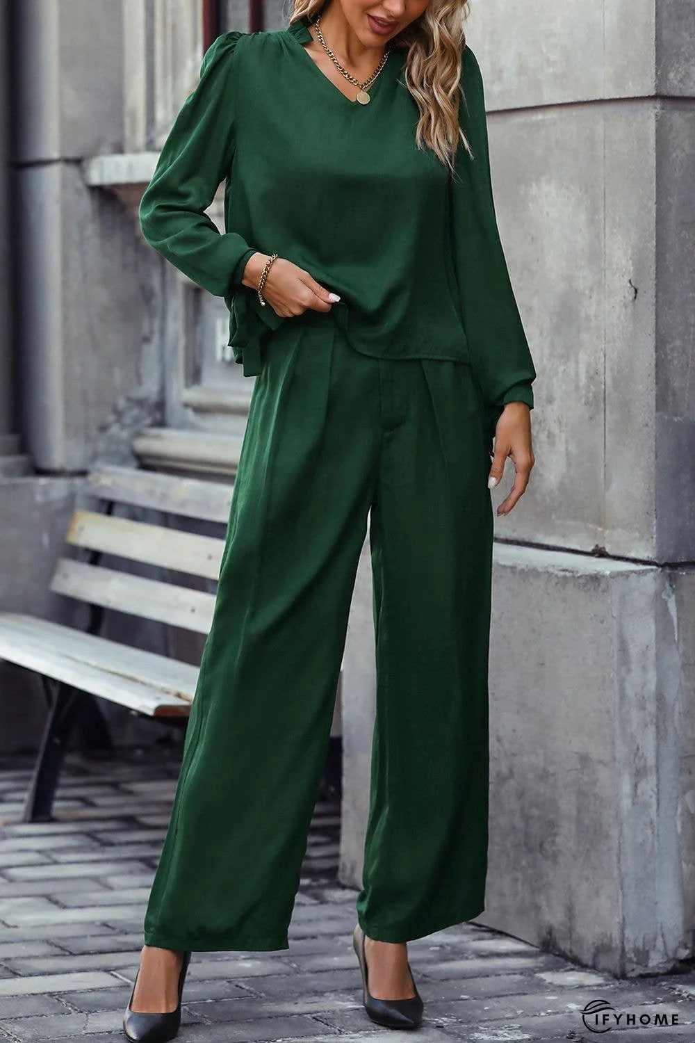 V-Neck Long Sleeve Top and Wide Leg Pants Set | IFYHOME