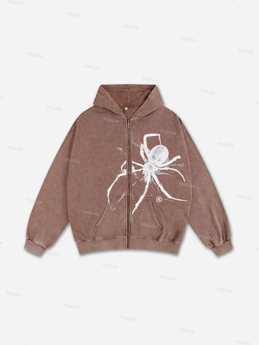 Sopula Relaxed Vintage Spider Graphic Acid Washed Oversized Zip-Up Hoodie