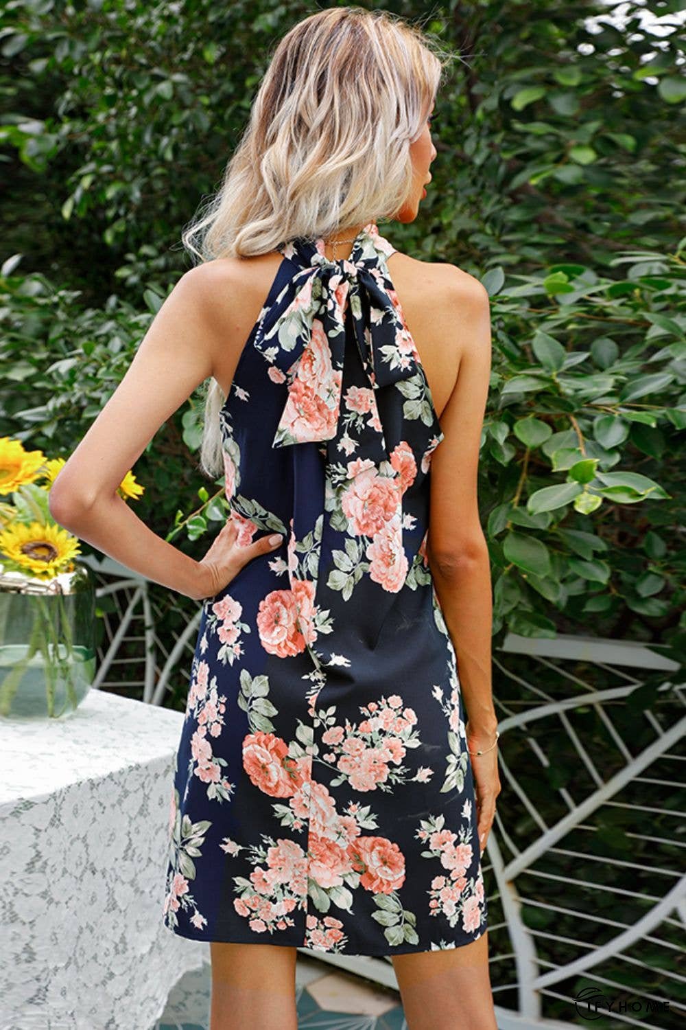 Floral Tied Sleeveless Grecian Neck Mini Dress | IFYHOME