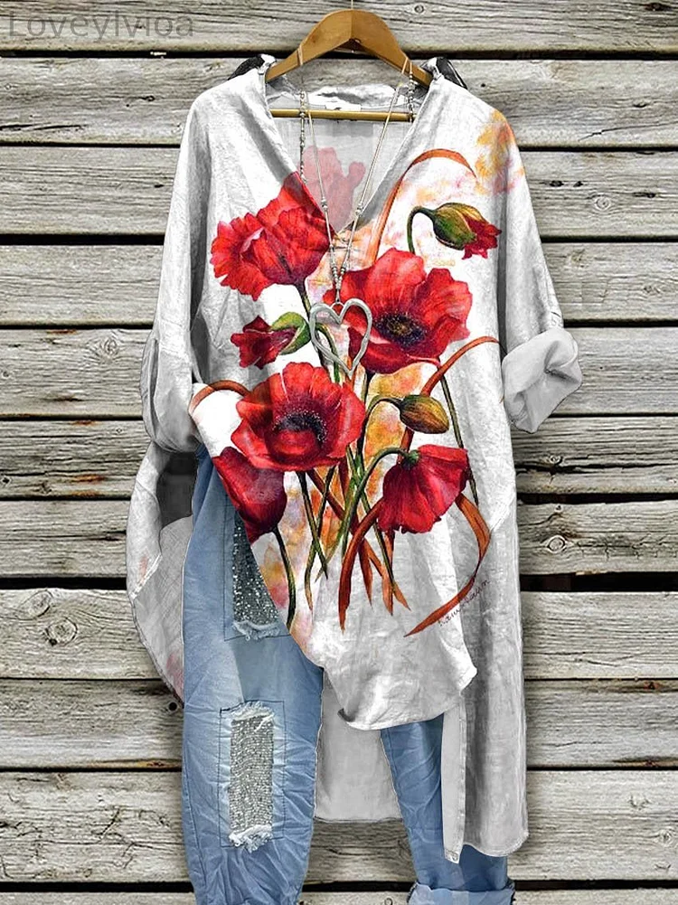 Women's Poppy Print Casual Cotton And Linen Shirtdress