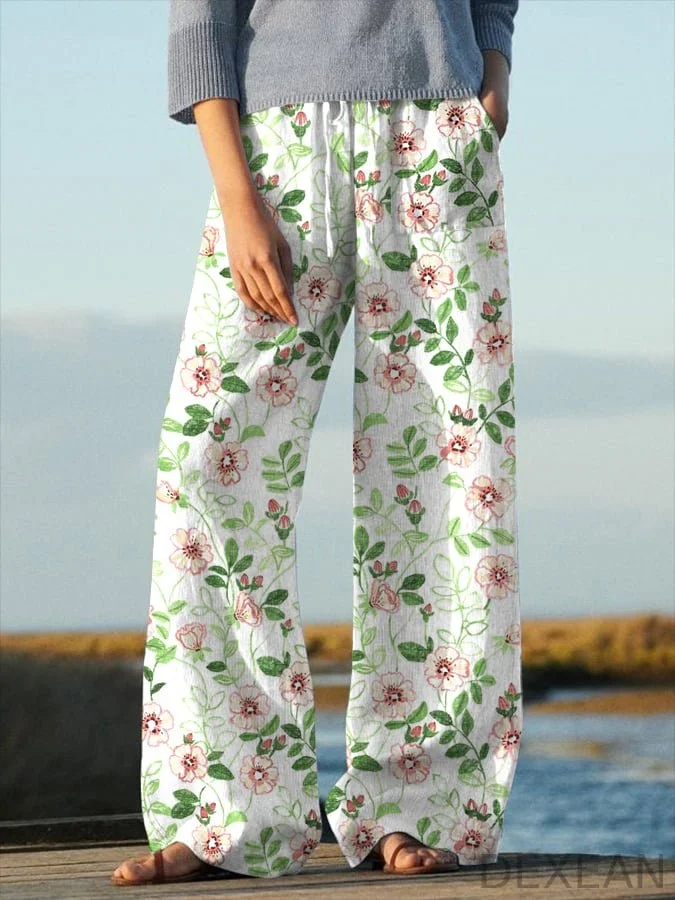 Women's Floral Design Lace-Up Elastic Waist Loose Casual Pants