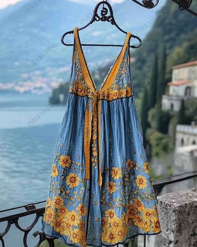 Summer Vacation Linen Sunflower Dress 9b22