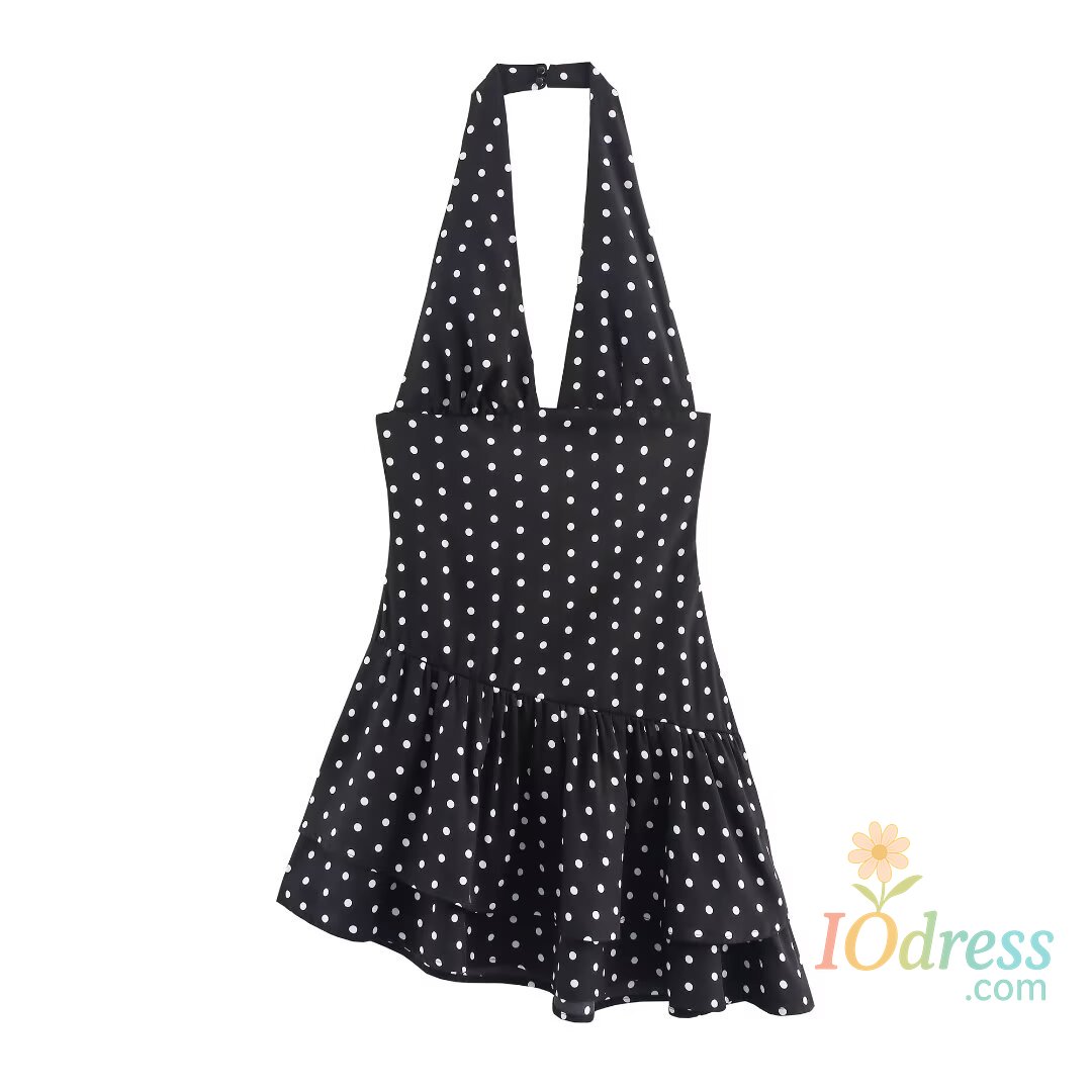IO Dress TRAFZA Women Summer Polka Dot Print Sleeveless Backless Chic Mini Dress Female Elegant Side Zipper Slim Asymmetric Ruffle Dress