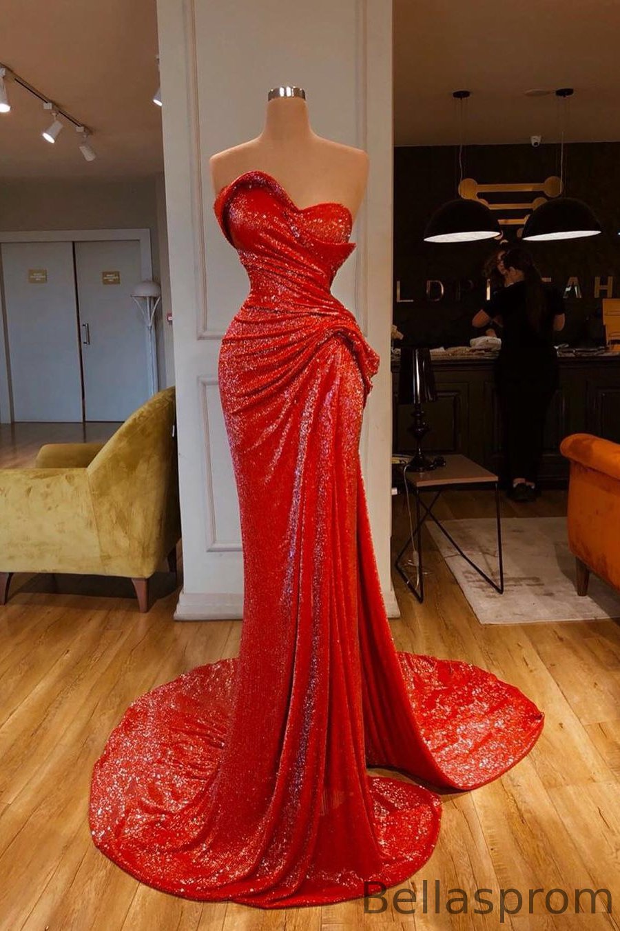 Bellasprom Red Sequins Prom Dress Long Strapless Mermaid Bellasprom