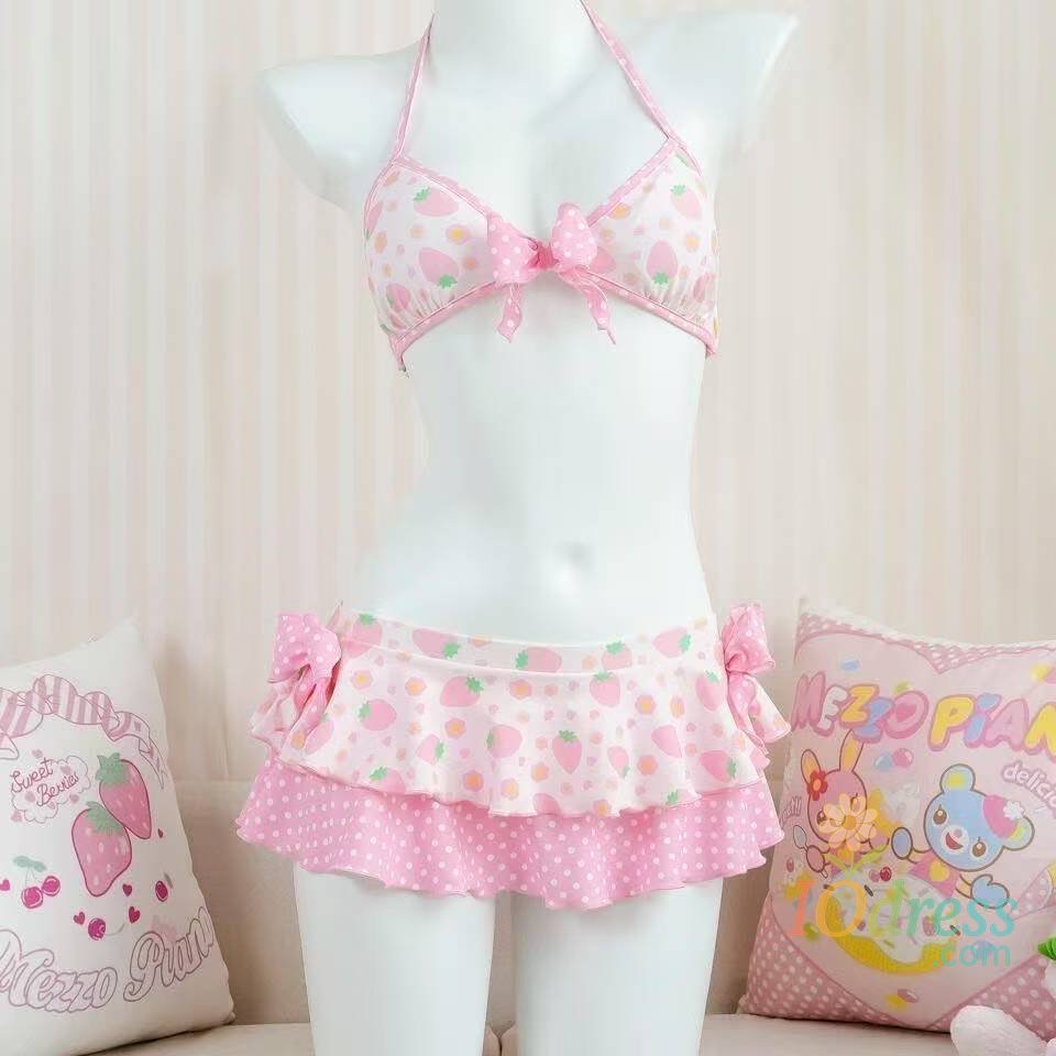 IO Dress Japanese Style Kawaii Girls Swimsuit Sweet Printed Halter Bikini Swimsuit Women Ruffle Bikini Set Bather Bathing Suit Swim