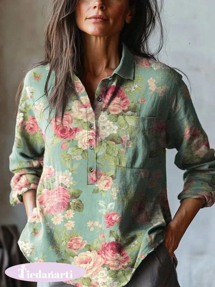 Women's Vintage Lovely Floral Art Print Casual Cotton And Linen Shirt