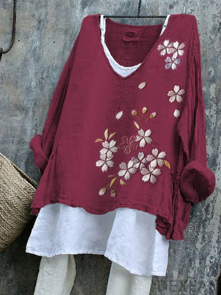 Classy Cherry Blossom Japanese Embroidery Linen Blend Tunic