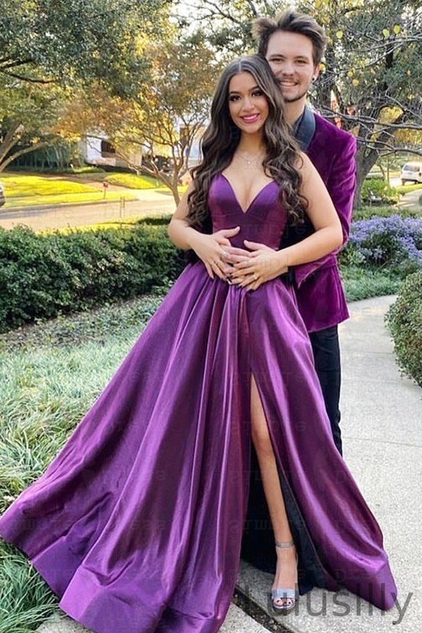 Amazing Spaghetti-Straps Purple Prom Dress V-Neck Sleeveless - lulusllly