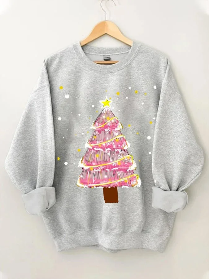 Eagerlys Women's Pink Christmas Tree Print Sweatshirt Eagerlys