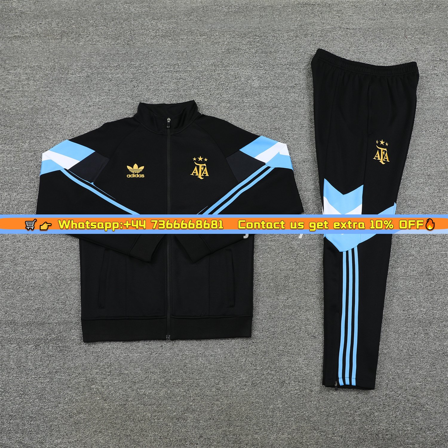 Argentina 24-25 Throwback Jacket Training Tracksuit - Black Jackets & Pants with Blue and White Stripes